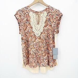 Daniel Rainn Paisley Lace Blouse PM Cap Sleeve Keyhole Boho Neutral Earthy